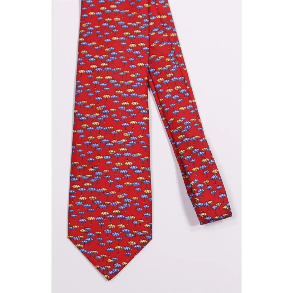 Marchesi di Como Red Umbrella Print Silk Necktie Tie